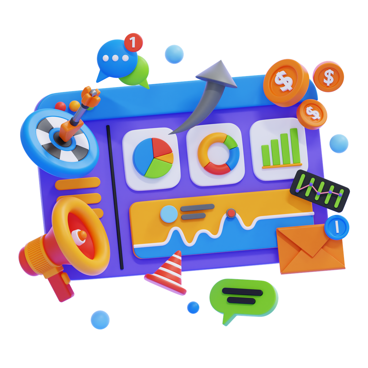 Ilustracion 3D de dashboard de analitica