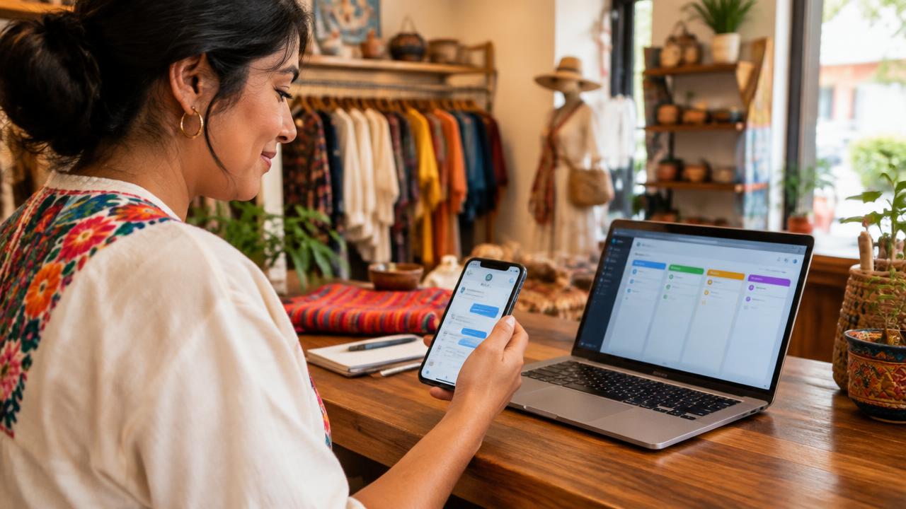 Dueña de una tienda de ropa revisa en su teléfono una conversación de WhatsApp atendida por un asistente y en la laptop un tablero con etapas de venta