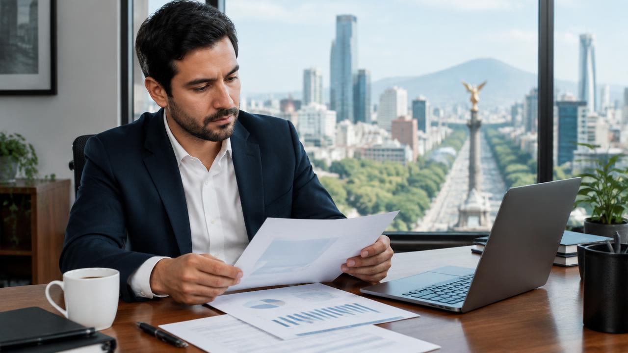 Empresario revisa una propuesta impresa con gráficas en su escritorio frente a una vista de la Ciudad de México