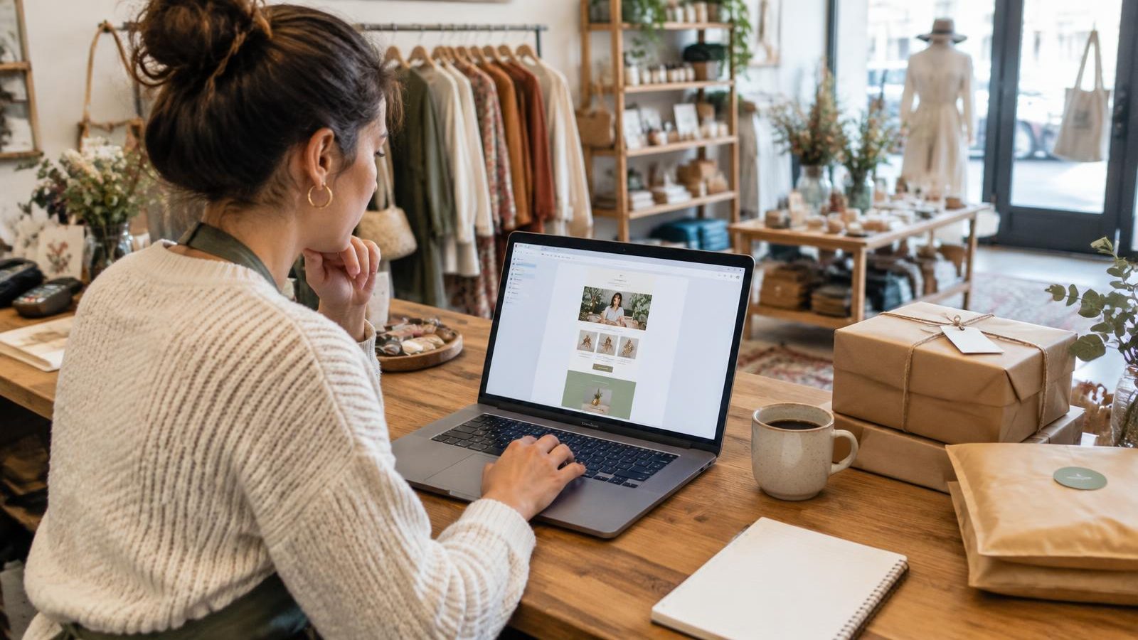 Dueña de una tienda de ropa diseña un boletín por correo en su laptop sobre el mostrador junto a paquetes listos para enviar
