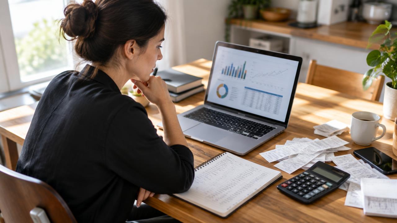 Emprendedora compara en su laptop un reporte de anuncios con recibos de venta, una calculadora y un cuaderno con columnas de cifras