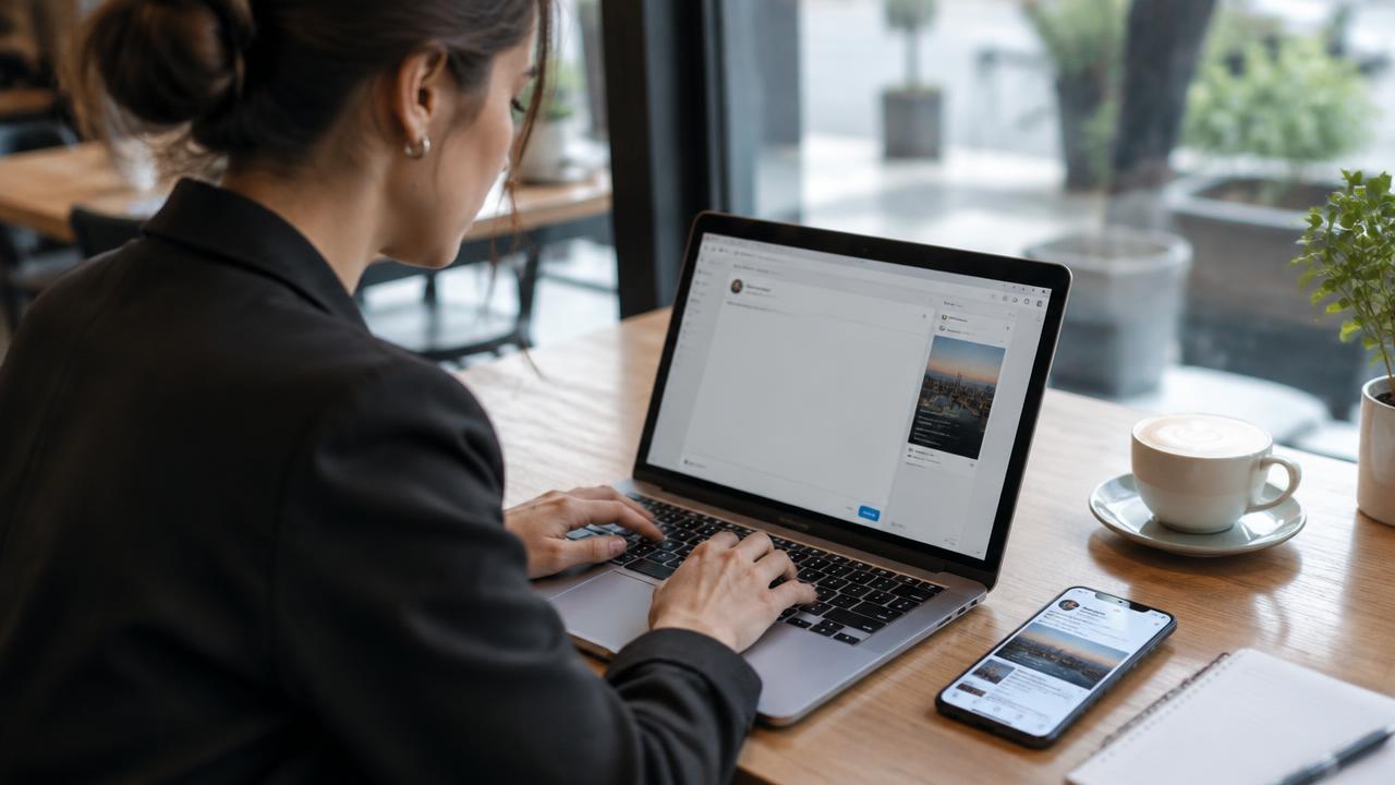 Consultora redacta una publicación en su laptop en una cafetería con su teléfono al lado mostrando una red profesional