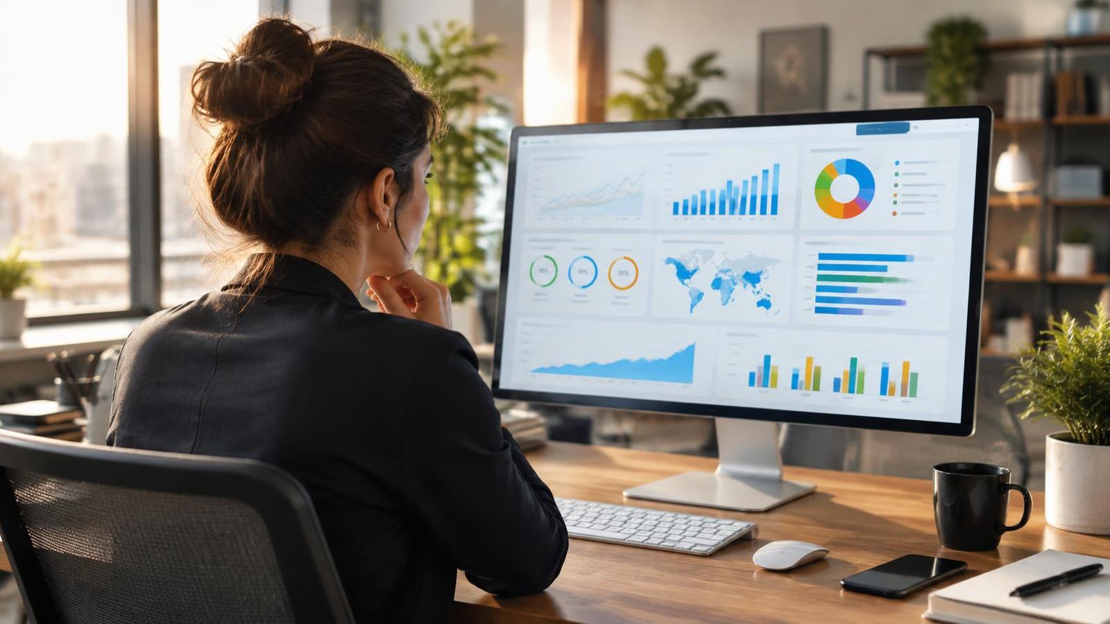 Responsable de marketing analiza en un monitor un tablero con gráficas de barras, anillos de progreso y un mapa de audiencias