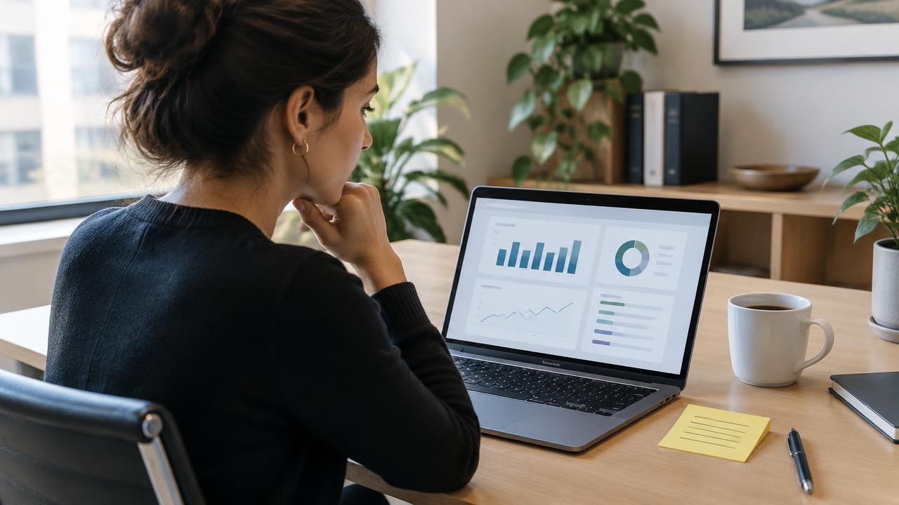 Responsable de marketing revisa un lunes por la mañana un tablero breve de métricas en su laptop con una nota de cinco líneas