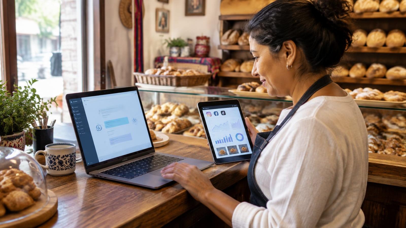Dueña de una panadería revisa en su laptop un asistente de IA y en una tableta las estadísticas de sus redes sociales