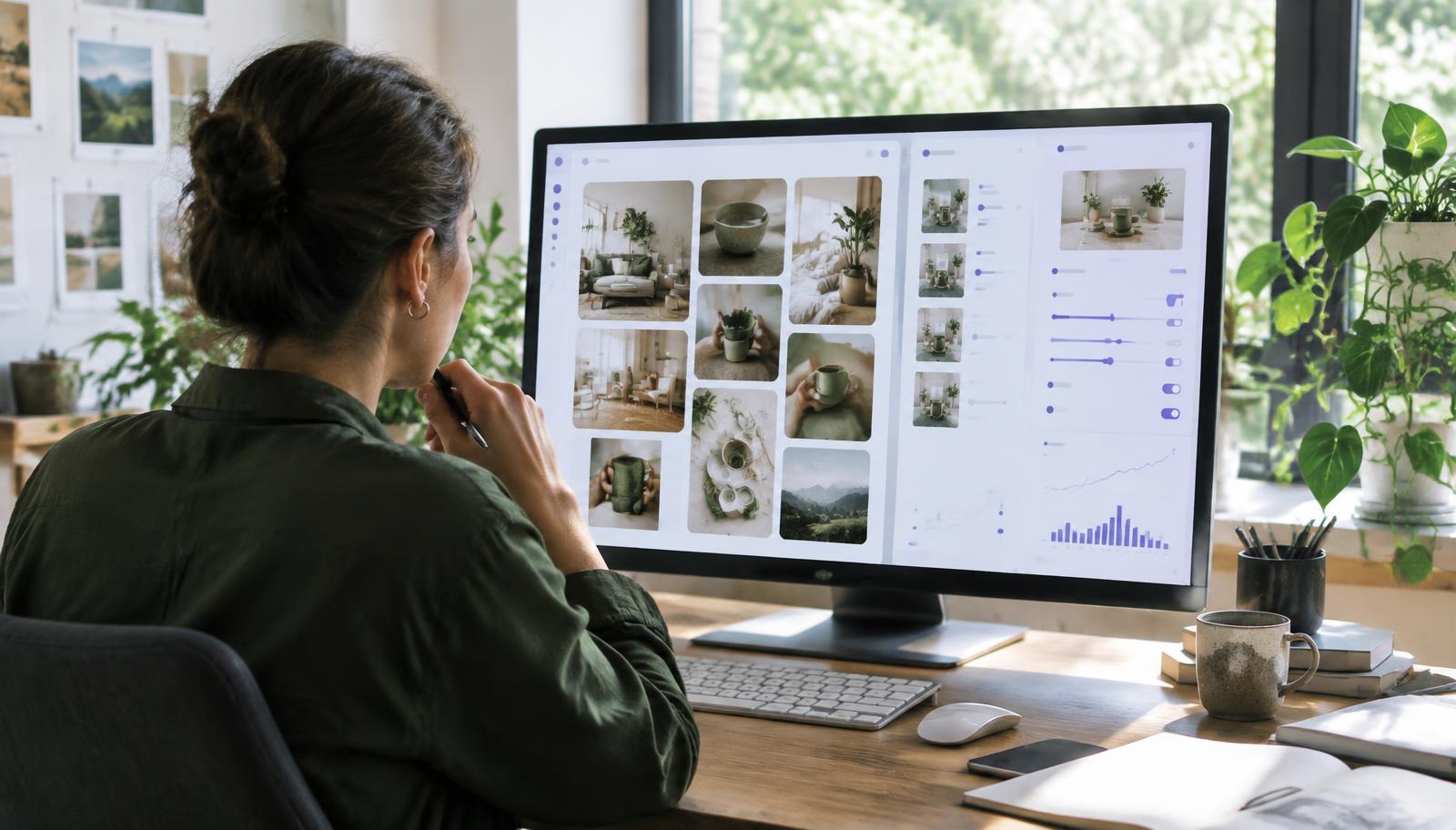 Especialista en marketing revisando un tablero visual de pines y la configuración de una campaña en un monitor grande