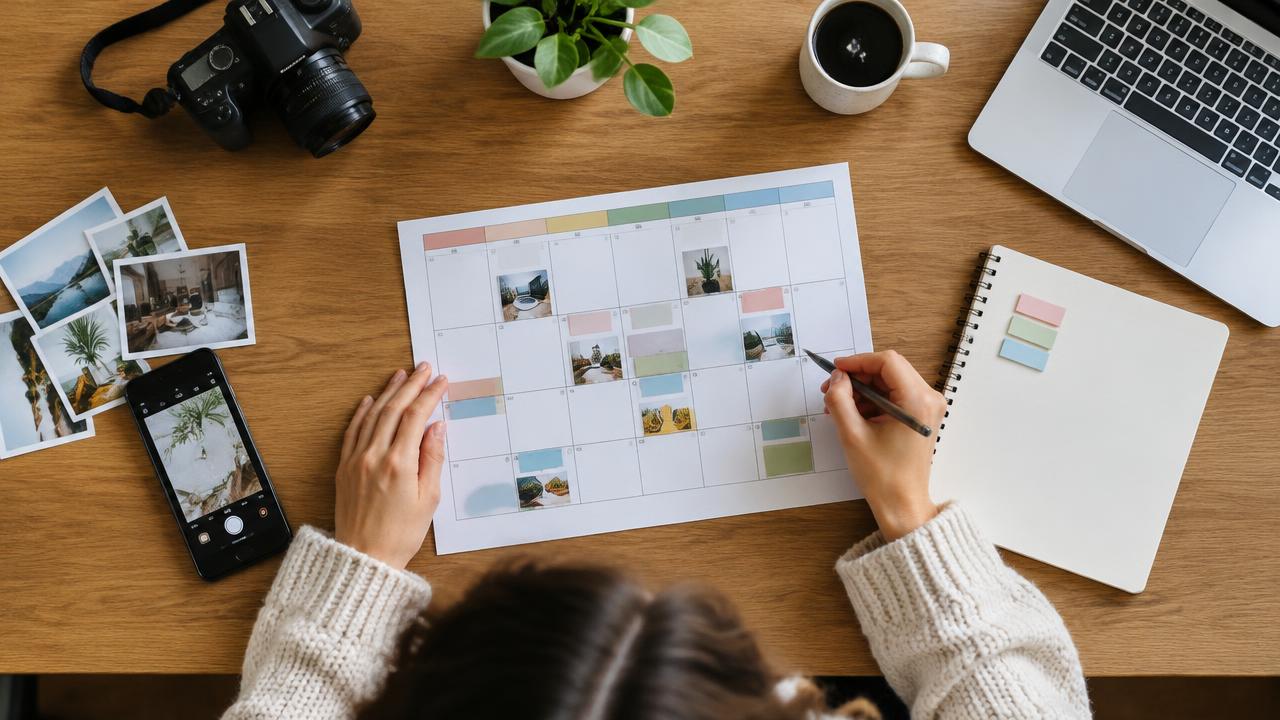 Vista superior de una persona que llena a mano un calendario mensual de contenido junto a una cámara, fotos impresas y su teléfono