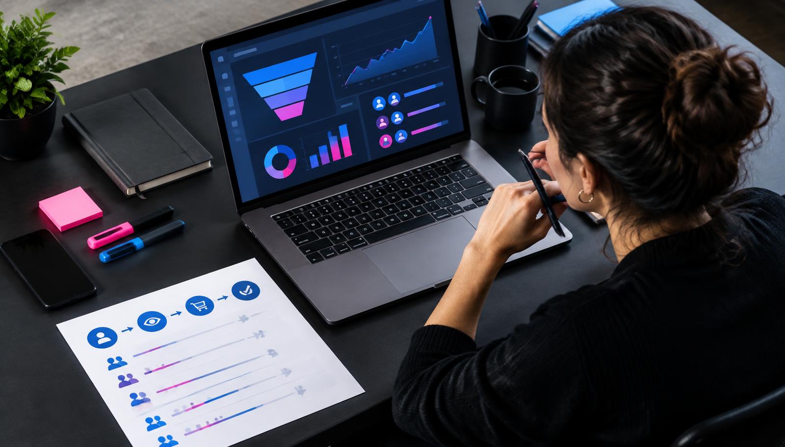 Especialista revisando un embudo de remarketing y segmentos de audiencia en una laptop