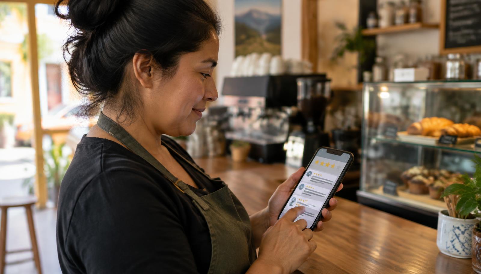 Dueña de una cafetería leyendo reseñas de clientes con calificación de estrellas en su teléfono detrás del mostrador