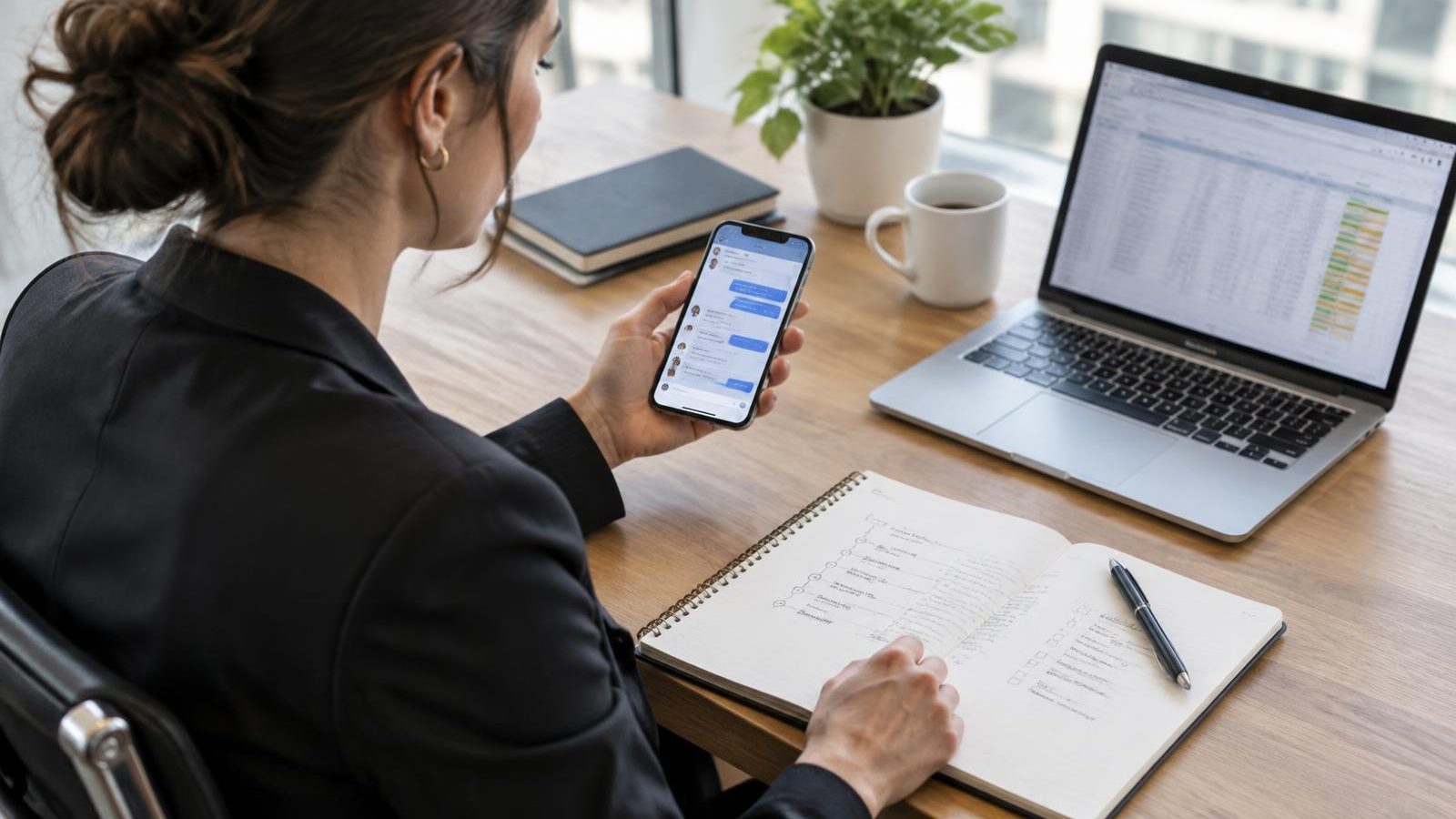 Asesora de ventas revisa conversaciones de WhatsApp en su teléfono junto a un cuaderno con etapas de seguimiento y una hoja de cálculo en la laptop