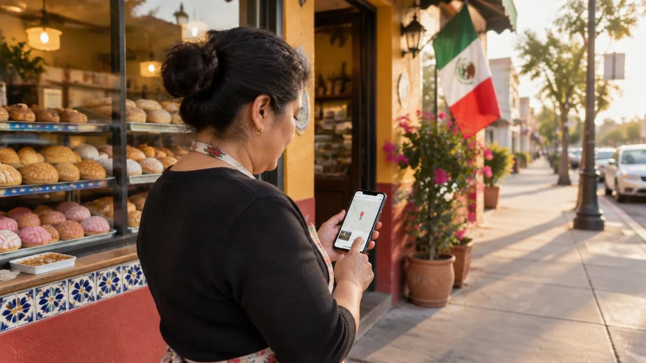 Dueña de una panadería revisa en su teléfono un mapa con la ubicación de su negocio frente a su local