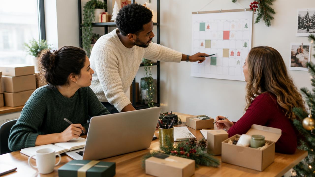 Equipo de una tienda planea una campaña de temporada frente a un calendario de pared rodeado de cajas de producto