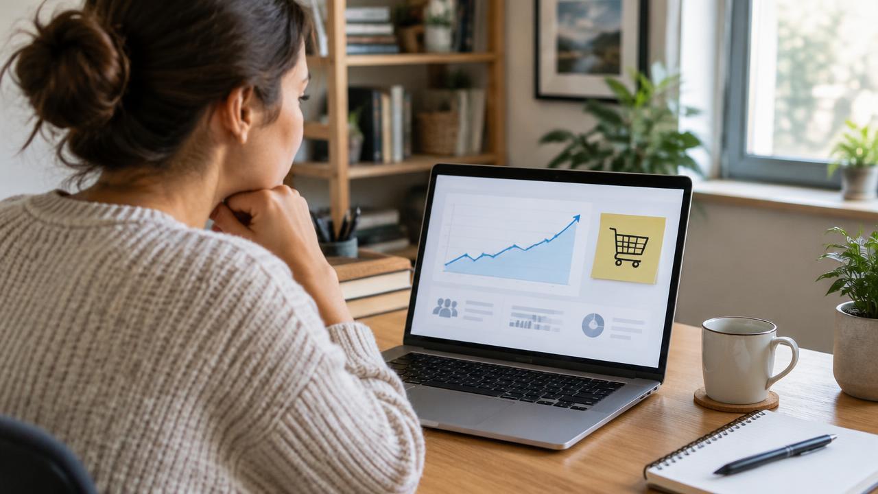 Emprendedora observa en su laptop una gráfica de visitas en aumento junto a una nota con un carrito vacío
